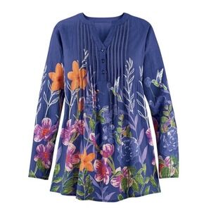 Collections Etc. Women's Blue Floral Hummingbird Pintuck Tunic 100% Cotton Sz XL